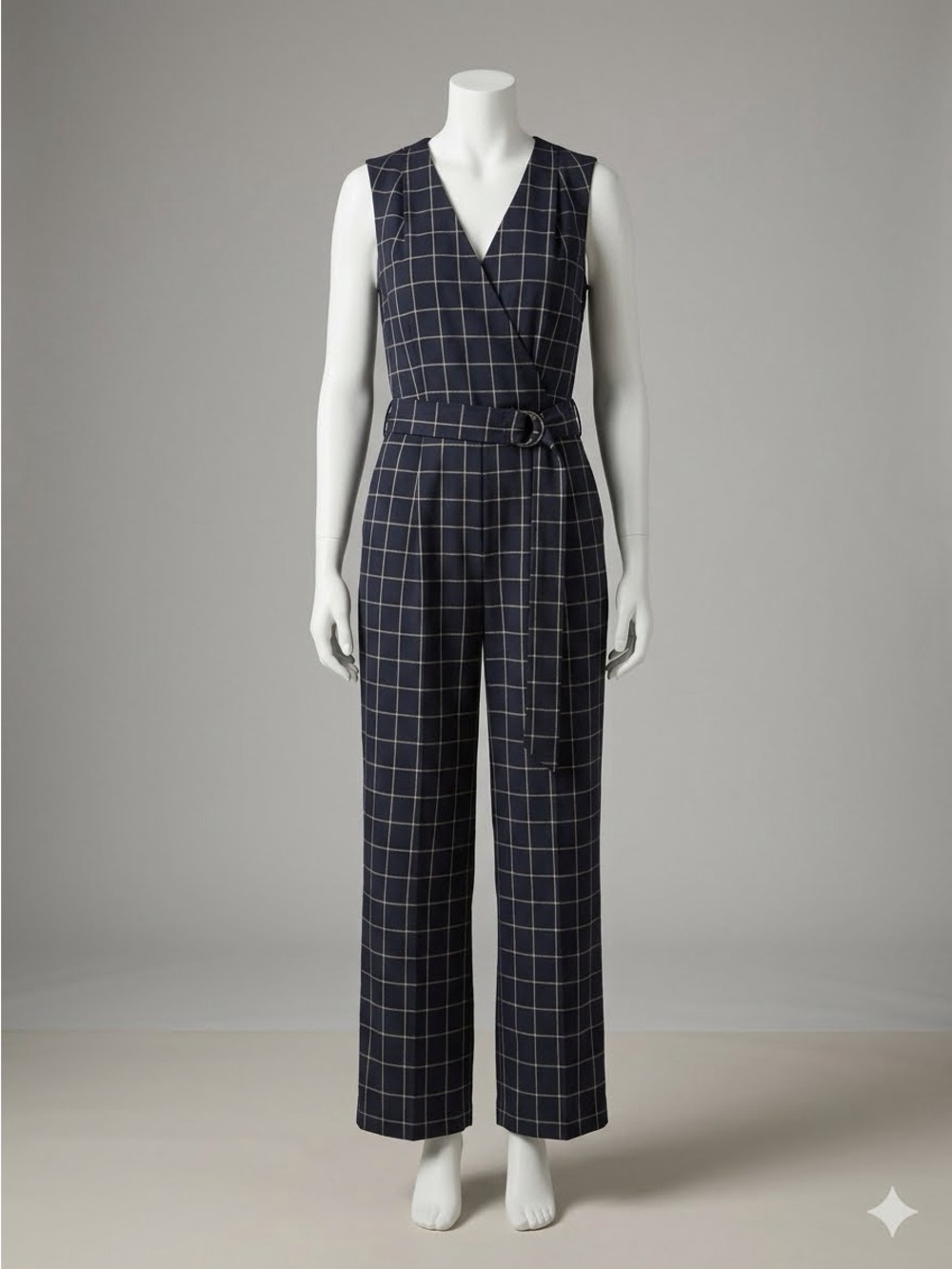 Tahari Levine Plaid Windowpane Sleeveless Jumpsuit Wide Leg Belted